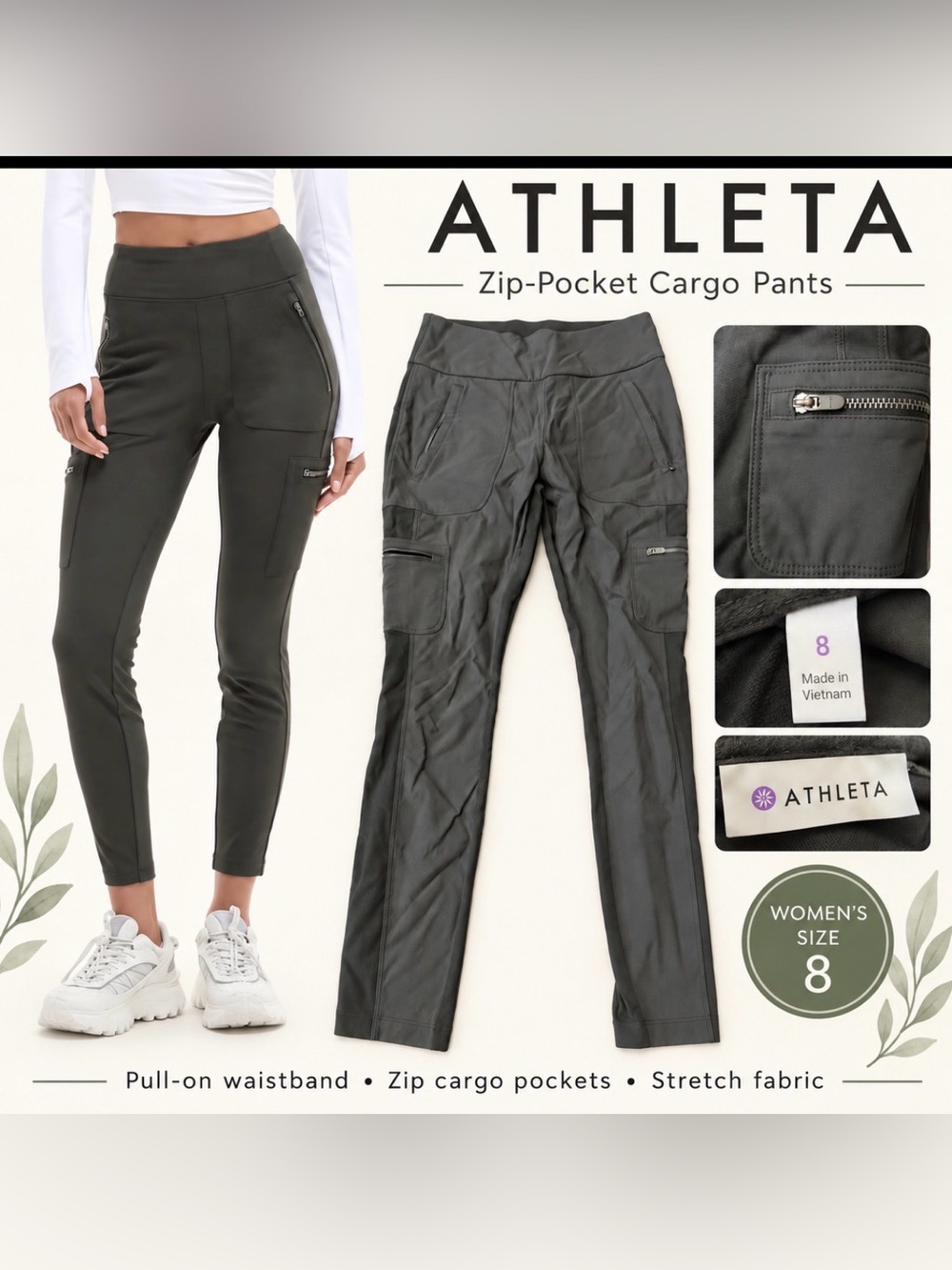 Athleta Zip-Pocket Cargo Pants Women’s Size 8 Dark Olive Green
